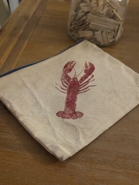 Canvas Lobster Zipper Pouch in Cream with Red Print